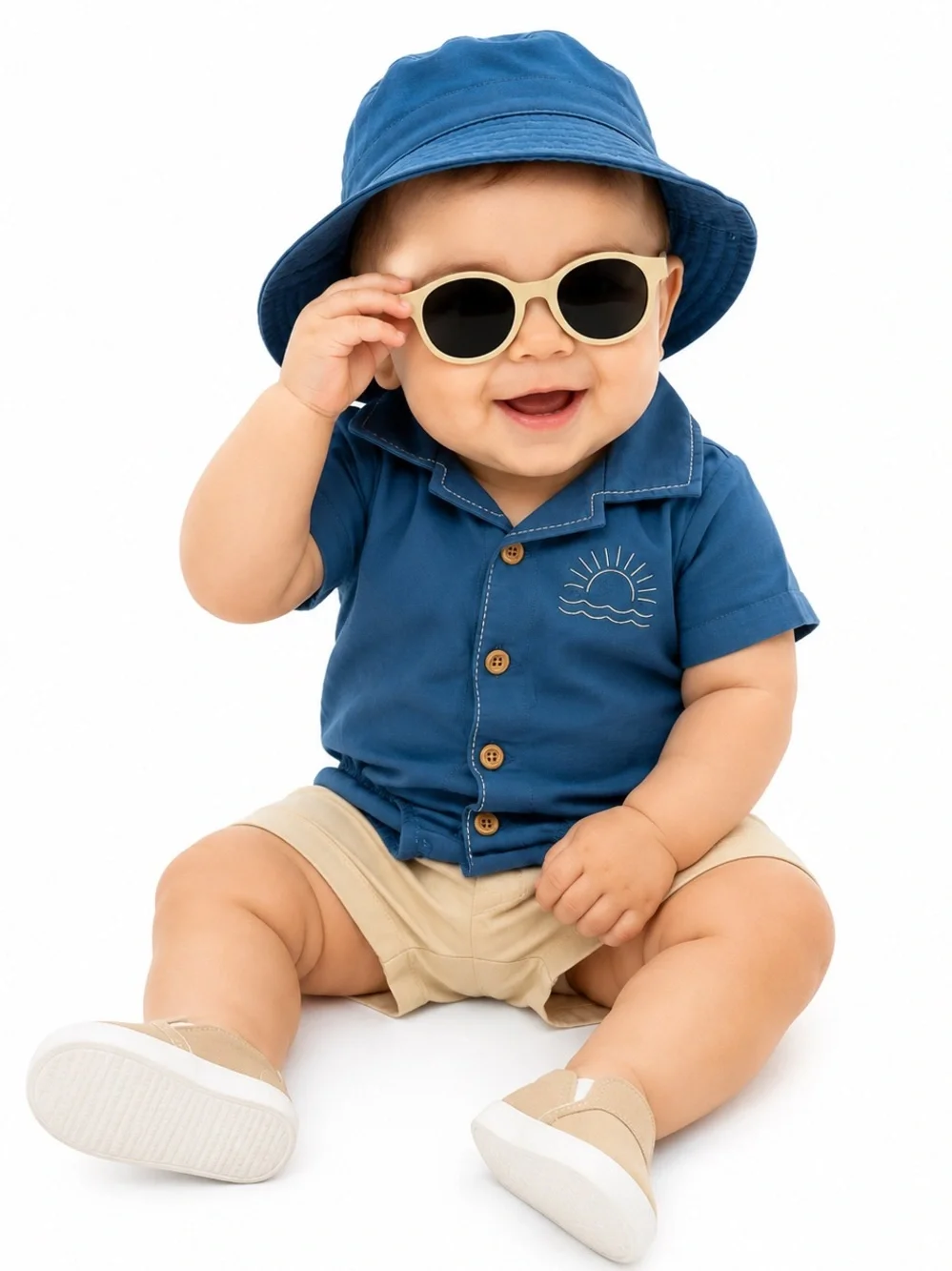 NEW - Rachel Zoe Baby Boy 4-Piece Outfit Set 3/6M Romper Shorts Hat Sunglasses